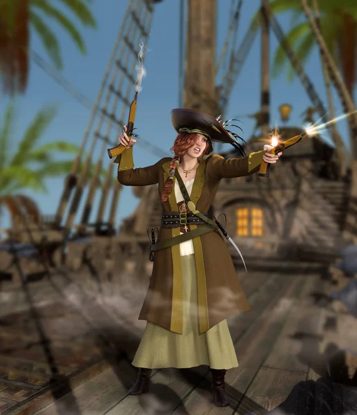 Capitã Pirata fêmea disparando uma arma de sinalização enquanto a defende — Fotografia de Stock