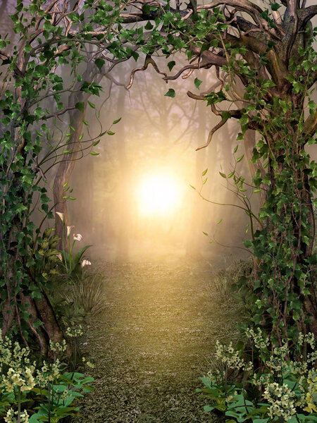 Path through enchanting fairytale deep forest view with beautiful heavenly sunset, 3d render