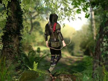 A hooded hunter with bow and arrows walks through a forest clipart