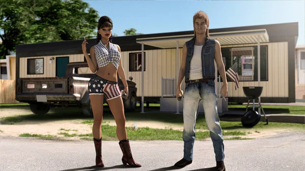 Funny American Trailer Trash Couple with Mobile Home — Stock Photo, Image