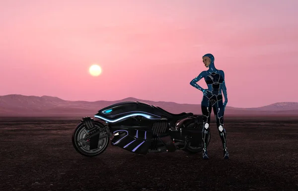 Futurista chica ciclista Sci Fi con motocicleta en el desierto —  Fotos de Stock