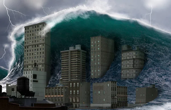 Tsunami tidal wave crashing costal town — Stock Photo, Image