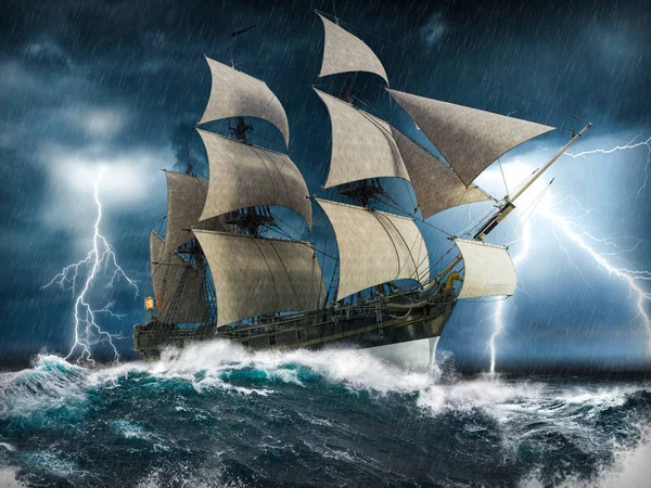 Sailing ship struggling in a heavy storm with lightning — Stock Photo, Image