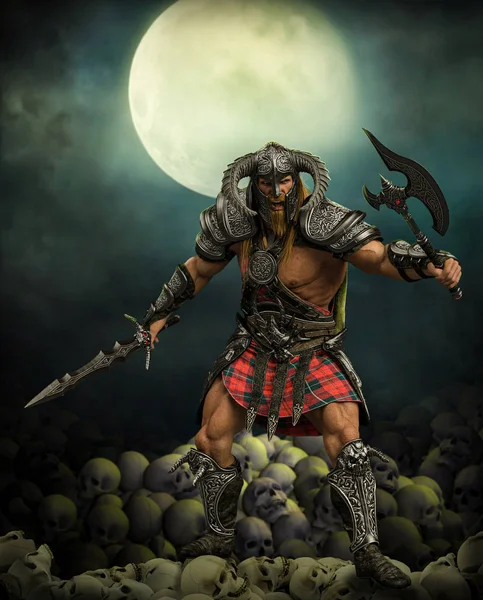 Barbarian fantasy warrior on a pile of skulls — Stock Photo, Image