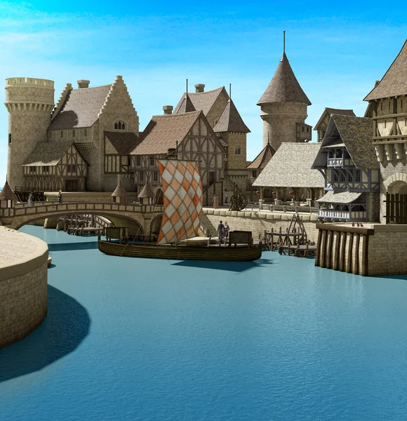 Puerto medieval con puente, pueblo y muelles de madera — Foto de Stock
