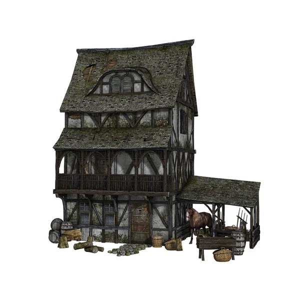 Detailed Reconstruction Medieval House Isolated White Background Render — 스톡 사진