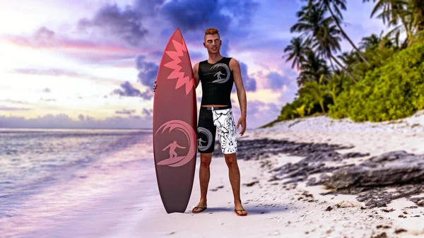 Surfer facet na tropikalnej plaży o zachodzie słońca — Zdjęcie stockowe