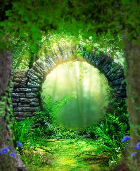 Enchanting gate entrance to a lush fairytale forest — Stock Photo, Image