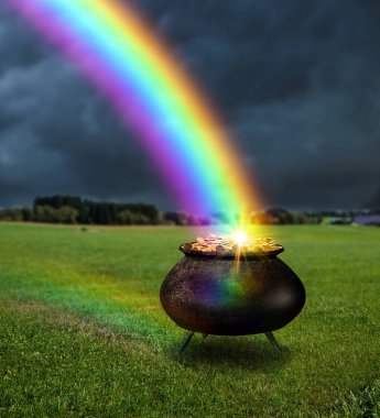 Büyülü bir tencere, altın dolu bir kazan raibow 'un sonunda, üç boyutlu işlemeli elementler..