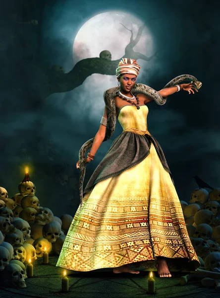 Прекрасна Королева Вуду Змією Виконує Магічний Ритуал Вівтарі Обрамленому Черепами — стокове фото