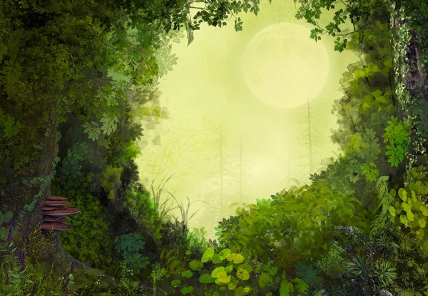 Beautiful Enchanting Fairy Tale Lush Forest Opening Moonlight Render — Stock Photo, Image