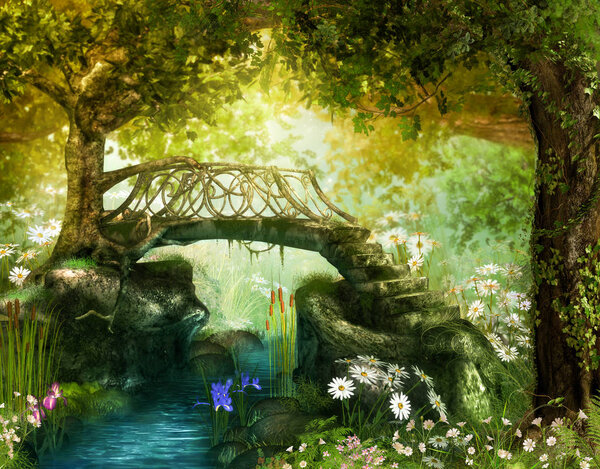 Magical lush fairy tale forest with an enchanting bridge over a brook, 3d render.