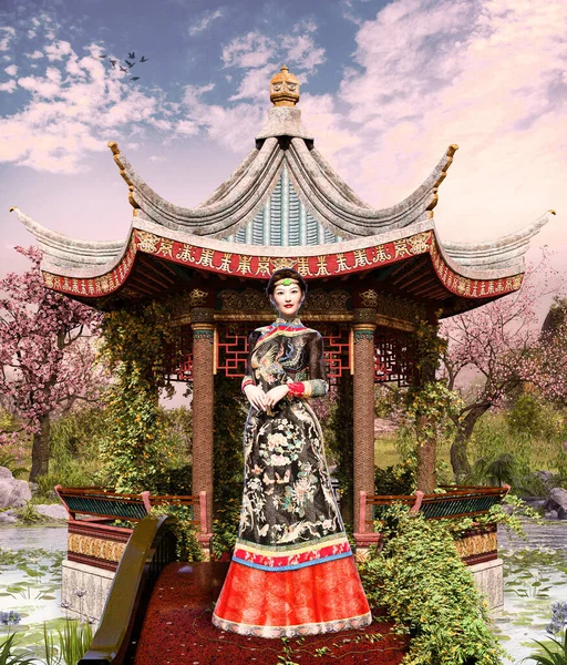 Piękny Chiński Nefrytowy Księżniczka Czarujący Azjatycki Klasyczny Ogród Chiński Pawilon — Zdjęcie stockowe