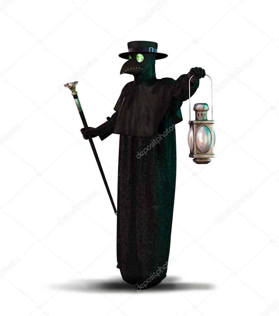 Historic costume of black death plague doctor Schnabel, isolated on white background, 3d render