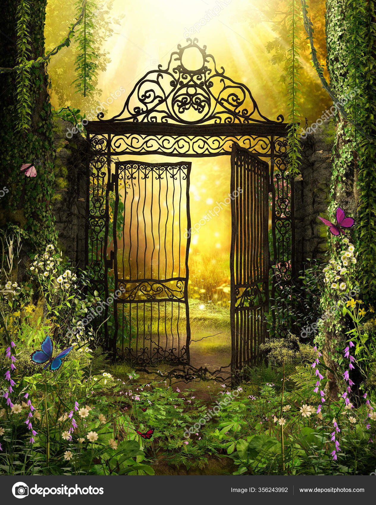 Open Iron Gate Leads Enchanting Secret Garden Surrounded Ivy Covered