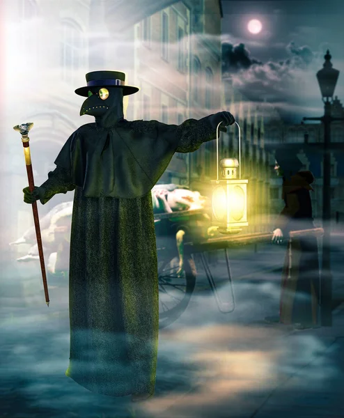 Plague Doctor Protective Mask Picking Dead Pandemic Vitims Night Render — Stock Photo, Image