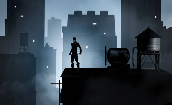 Kahraman Kostümlü Bir Süper Kahraman Çatıda Şehir Manzarasına Dramatik Bir — Stok fotoğraf