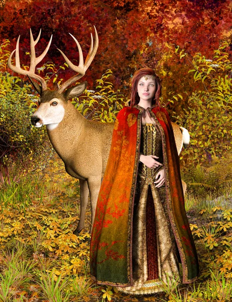 Gyönyörű Őszi Hercegnő Egy Szarvas Egy Varázslatos Tündér Erdőben Render — Stock Fotó