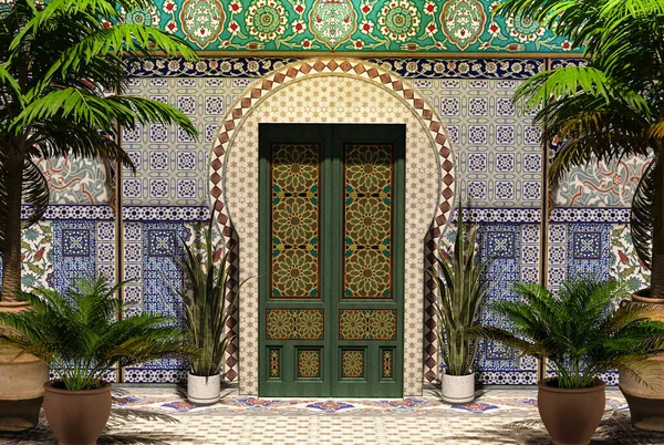 3D rendering of an traditional Arabic home facade with a front door, yard and palm trees.