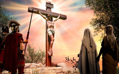Jesus Christ on the wooden cross, INRI, crucifixion, 3d render illustration clipart