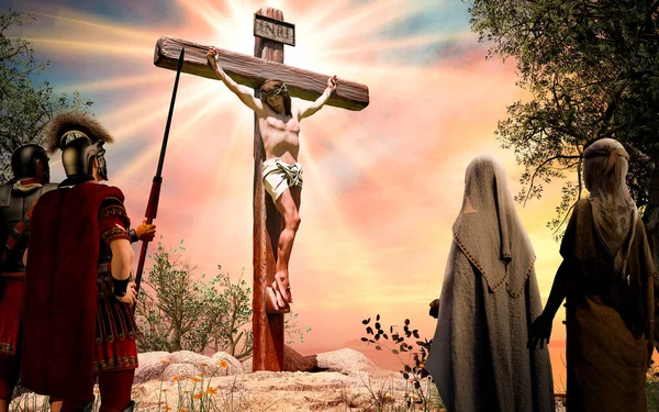 Jesus Christ on the wooden cross, INRI, crucifixion, 3d render illustration