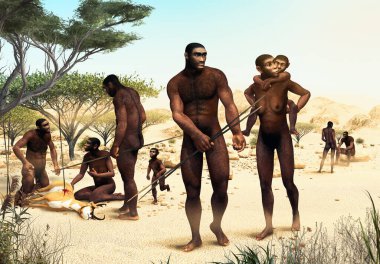 Homo Erectus kabilesi avcılığı, modern insanların tarih öncesi atası 1.8 milyon yıl önce, 3D çizim oranı