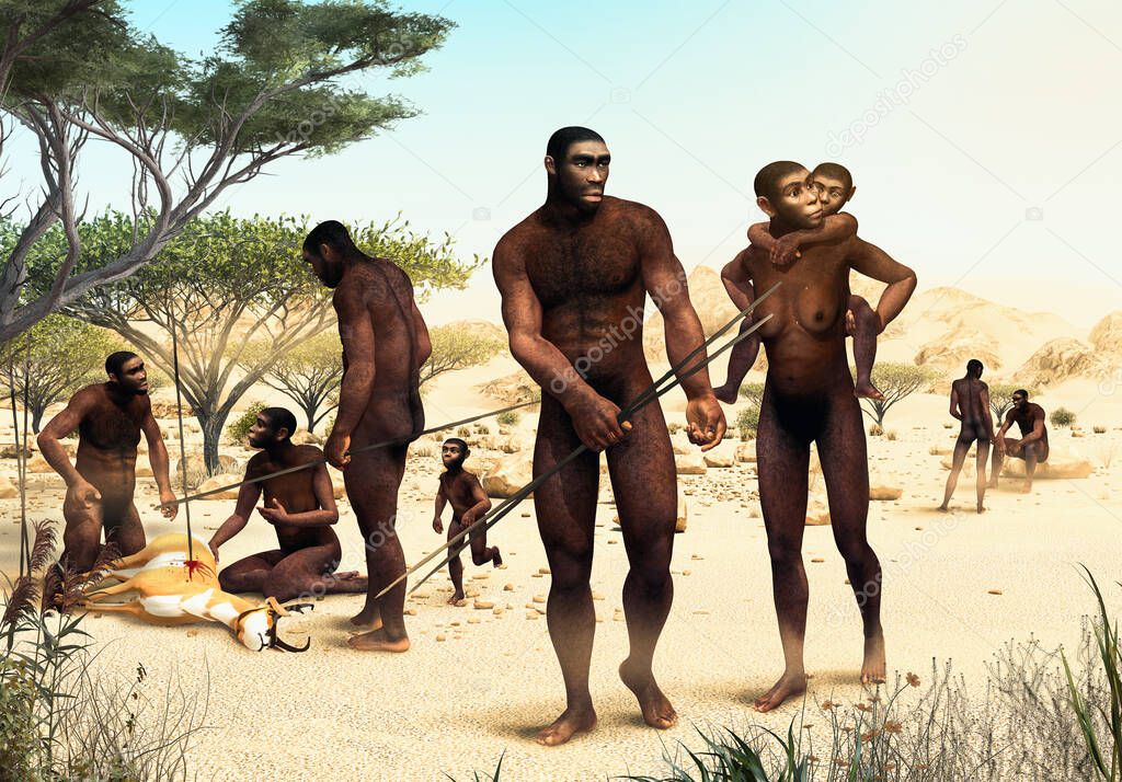 Homo Erectus tribe hunting, prehistoric ancestor of modern humans 1.8 million years ago, 3d render illustratio