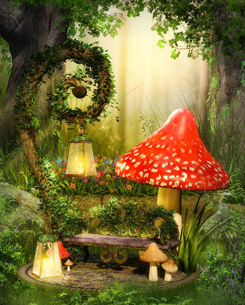 Enchanting fairy lounge bench in a deep magical forest illuminated by lanterns, 3d render.