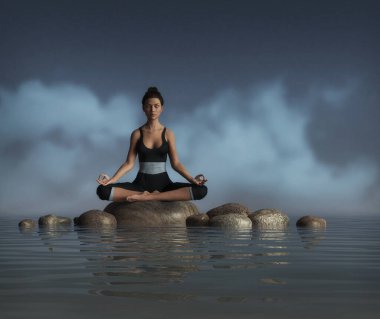 Güzel genç bir kadın oturmuş meditasyon yapıyor ve suda bir kayanın üzerinde yoga yapıyor. Hayatın ihtişamına katılıyor..