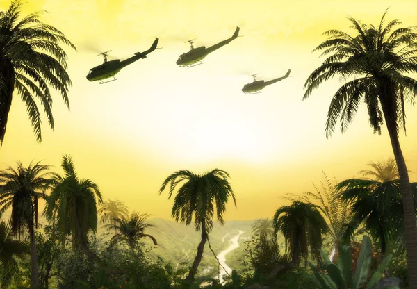 American Huey military helicopter formation flying over the jungle at sunset during the Vietnam War. 3d render.