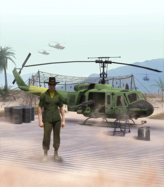American officer and helicopter pilot standing in front of a US army Huey helicopter during the Vietnam war, 3d render