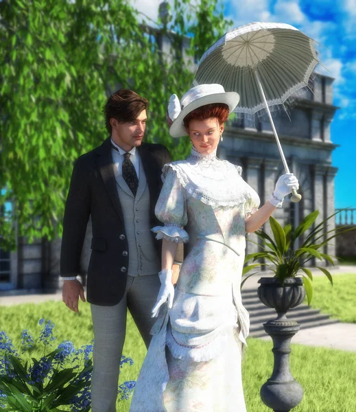 Tender lovers out for a walk, young couple, man and woman in Edwardian Victorian stylish costumes, in a park on a sunny day, book cover template, 3d render illustration