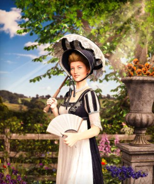 Portrait of an elegant Jane Austen style woman strolling the countrysideon a summer day, Regency dress, 3d render clipart