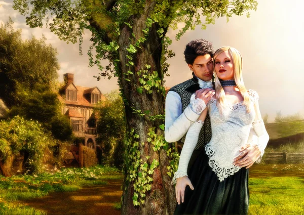 Tender Victorian lovers, young couple, man and woman in stylish costumes, in a park on a sunny day, book cover template, 3d render illustration