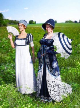 Two beautiful young women dressed in Victorian Regency Jane Austen style fashion dresses strolling through a meadow, friendship, 3d render. clipart
