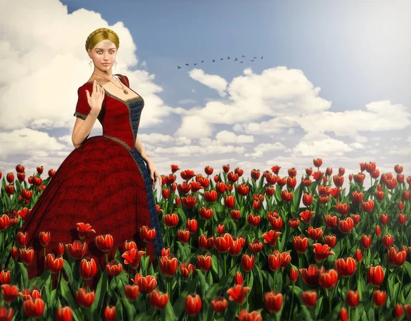 美しい女性で中世のプリンセスドレスでチューリップの赤い花のフィールドで夏 3Dレンダリング — ストック写真