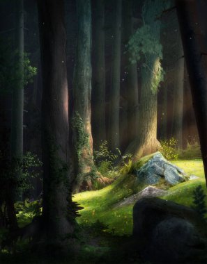Atmospheric and enchanting fantasy fairy tale forest background, 3d render painting clipart