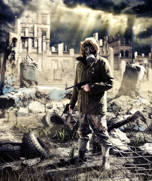 Apocalypse Doomsday Scenario Survivor Man Gas Mask Holding Guns Ruined — Stock Photo, Image