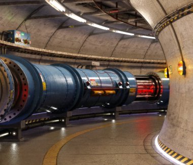 Araştırma süper çarpıştırıcı makinesi, yeraltı parçacık hızlandırıcısı evrenin sırlarını çözmek için atomları ezer, 3D rende