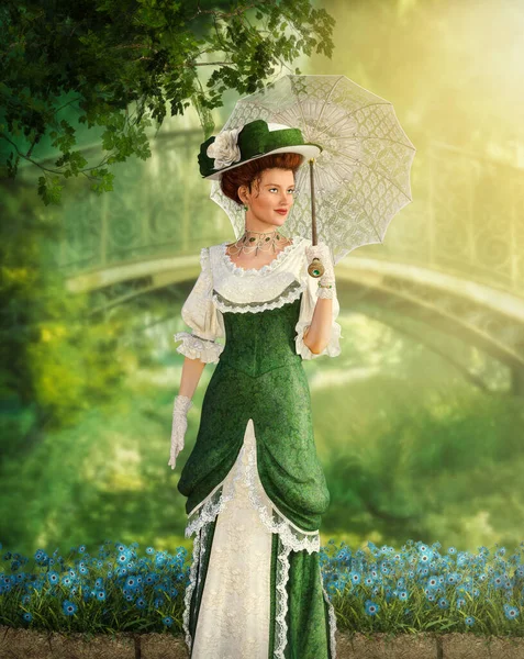 Jane Austen tarzı zarif bir kadının portresi. Bir yaz günü parkta geziniyor. Naip elbisesi, 3D çizimi.