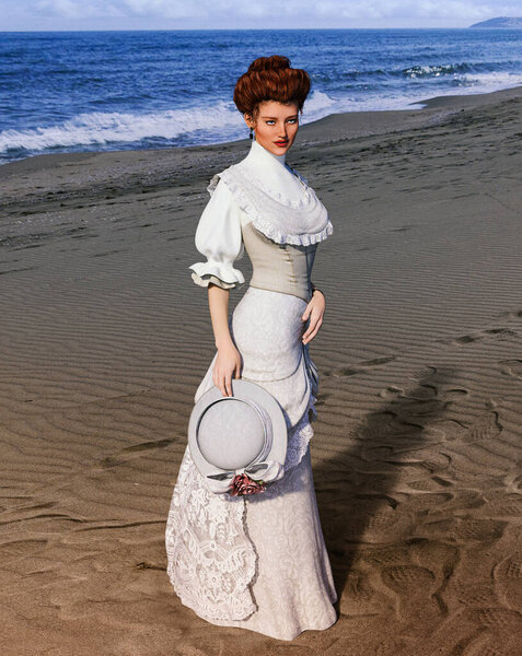 Portrait of an elegant Jane Austen style woman at the beach on a summer day, Regency dress, 3d render