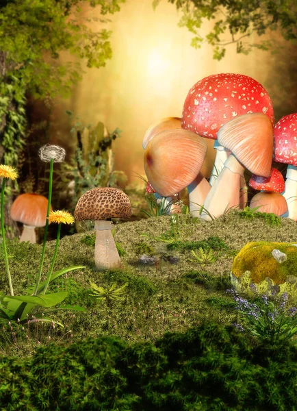 3D rendering of a magical fairy forest opening with mushrooms in the foreground