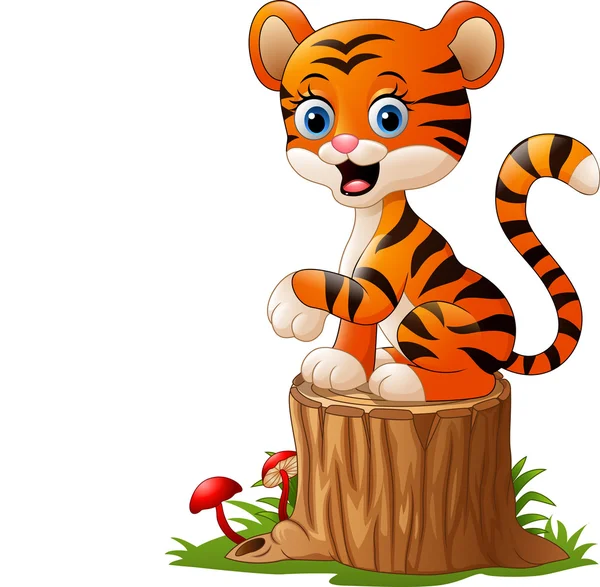 Cartoni animati bambino tigre seduto su tronco d'albero — Vettoriale Stock