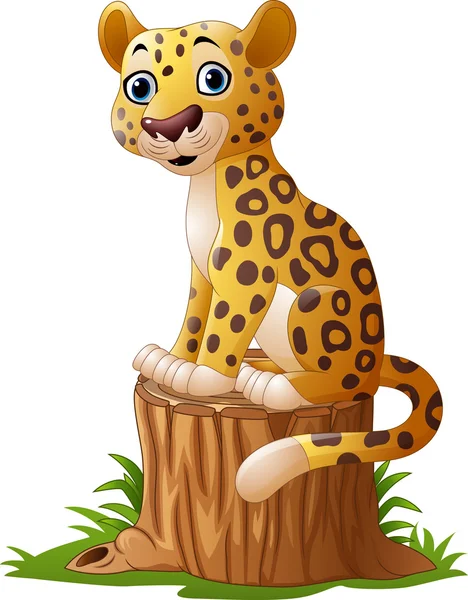 Cartoon leopard sitting on tree stump — Stock Vector