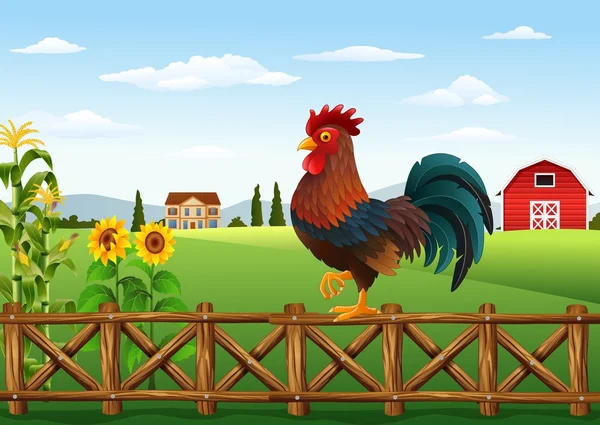Lindo gallo de dibujos animados de pie en la cerca de la granja — Vector de stock