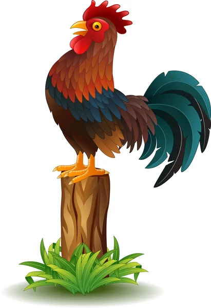 Kartun Rooster berdiri di tunggul pohon - Stok Vektor