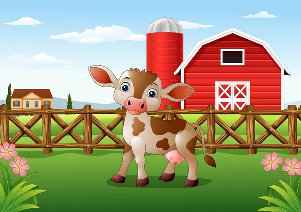 Bezerro dos desenhos animados com fundo da fazenda — Vetor de Stock