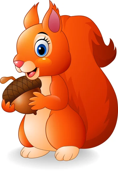 Cartoon funny squirrel holding pine cone — Stock Vector