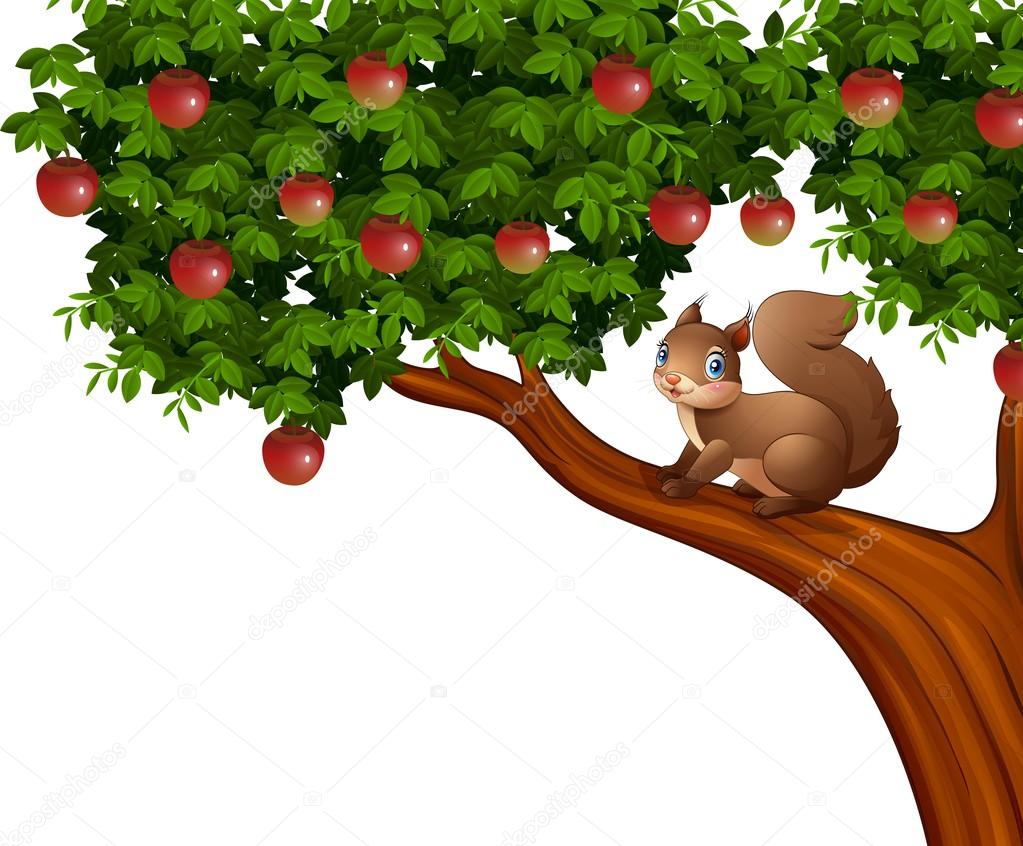 Cartoon squirrel on apple tree