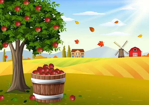 Appelboom en mand met appels in boerderij landschap aan herfst — Stockvector